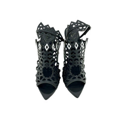 Werner Black Laser Cut Ankle Strap Stiletto Heels