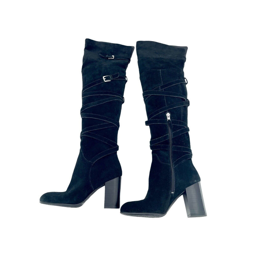 Sam Edelman Sable Black Strap Suede Leather Over the Knee Boots