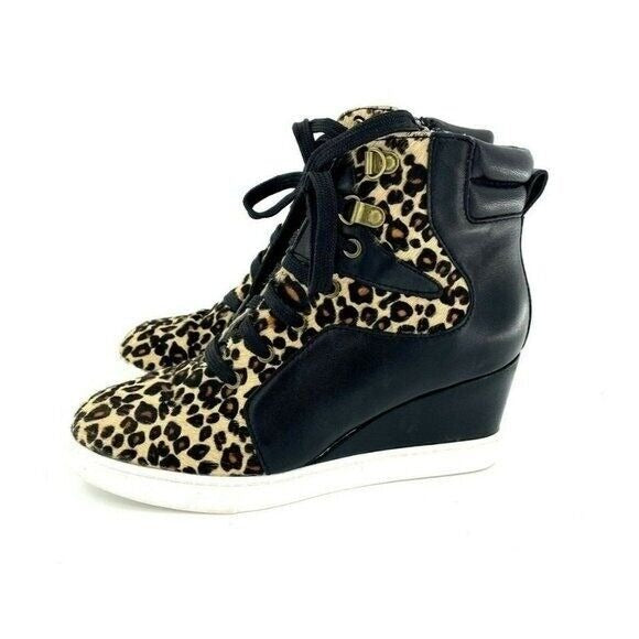 Linea Paolo Fleur Leopard Print Calf Hair Leather Wedge Sneakers - PRE-OWNED
