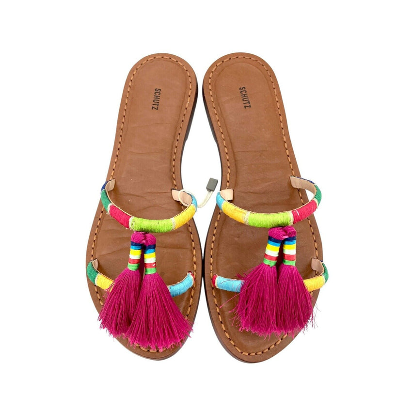 Schutz Colorful Pink Tassels Strappy Slip On Flat Sandals