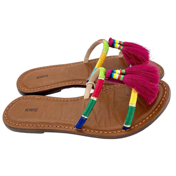Schutz Colorful Pink Tassels Strappy Slip On Flat Sandals