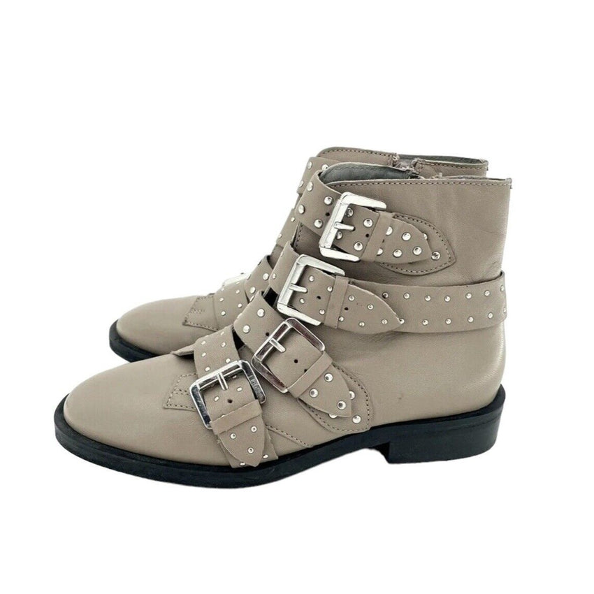Topshop Paige Beige Leather Studded Buckle Straps Ankle Boots