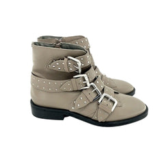 Topshop Paige Beige Leather Studded Buckle Straps Ankle Boots