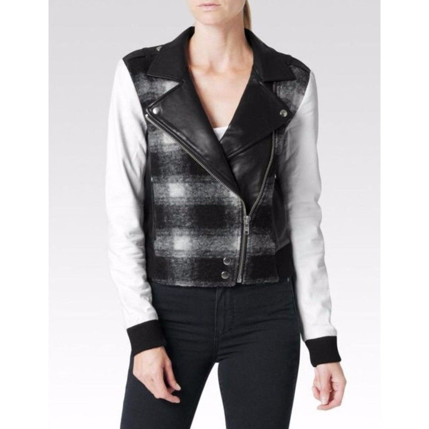 Paige Denim Shelley Leather Wool Blend Plaid White Moto Jacket