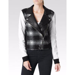 Paige Denim Shelley Leather Wool Blend Plaid White Moto Jacket