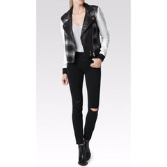 Paige Denim Shelley Leather Wool Blend Plaid White Moto Jacket