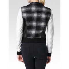 Paige Denim Shelley Leather Wool Blend Plaid White Moto Jacket