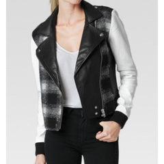 Paige Denim Shelley Leather Wool Blend Plaid White Moto Jacket