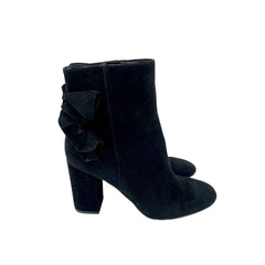 Avec Les Filles Remi Bow Accent Black Suede Leather Ankle Boots - PRE OWNED