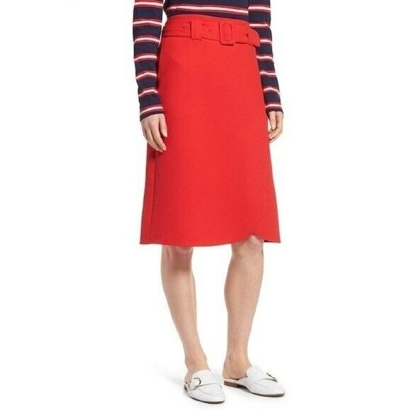 Halogen Red A Line Midi Belted Preppy Skirt