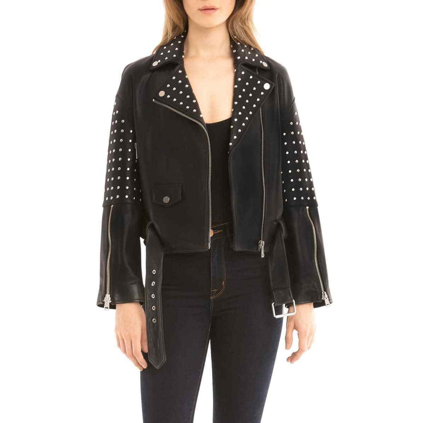 Bagatelle Belted Studded Moto Biker Asymmetrical Black Leather Jacket