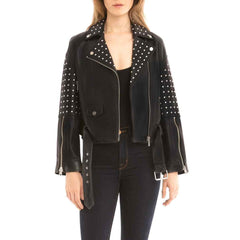 Bagatelle Belted Studded Moto Biker Asymmetrical Black Leather Jacket