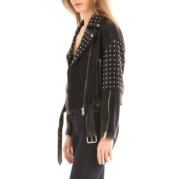 Bagatelle Belted Studded Moto Biker Asymmetrical Black Leather Jacket