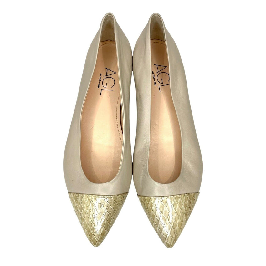 AGL Attilio Giusti Leombruni Beige Leather Pointed Cap Toe Flats