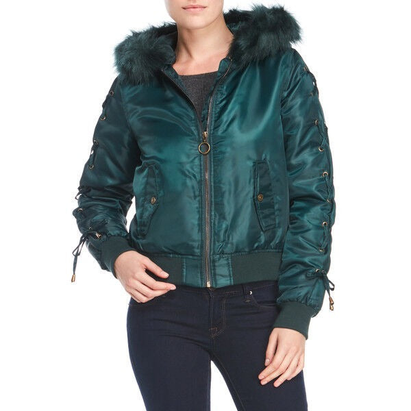 Kensie Jade Green Faux Fur Hood Lace Puffer Jacket