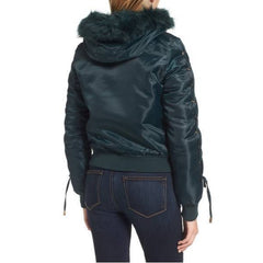 Kensie Jade Green Faux Fur Hood Lace Puffer Jacket