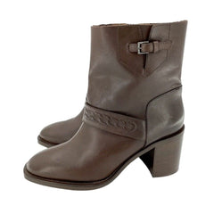 Aquatalia Evette Brown Leather Mid Calf Block Heel Boots