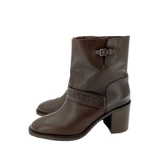 Aquatalia Evette Brown Leather Mid Calf Block Heel Boots