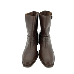 Aquatalia Evette Brown Leather Mid Calf Block Heel Boots