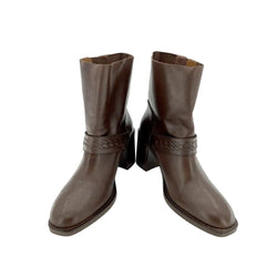 Aquatalia Evette Brown Leather Mid Calf Block Heel Boots