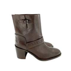 Aquatalia Evette Brown Leather Mid Calf Block Heel Boots