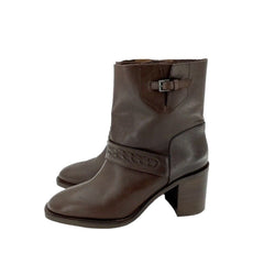 Aquatalia Evette Brown Leather Mid Calf Block Heel Boots