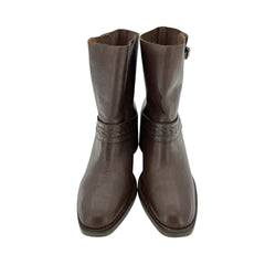 Aquatalia Evette Brown Leather Mid Calf Block Heel Boots