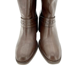 Aquatalia Evette Brown Leather Mid Calf Block Heel Boots