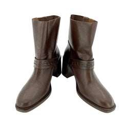 Aquatalia Evette Brown Leather Mid Calf Block Heel Boots