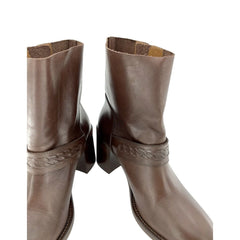 Aquatalia Evette Brown Leather Mid Calf Block Heel Boots