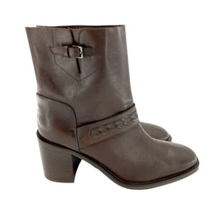 Aquatalia Evette Brown Leather Mid Calf Block Heel Boots
