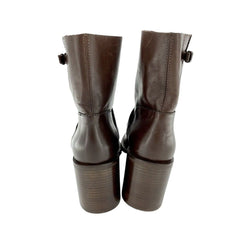 Aquatalia Evette Brown Leather Mid Calf Block Heel Boots