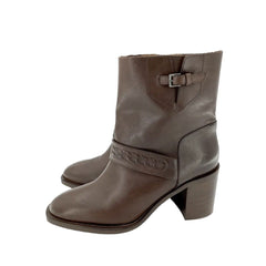 Aquatalia Evette Brown Leather Mid Calf Block Heel Boots