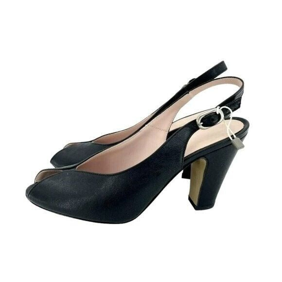 Fauzian Jeunesse Black Leather Peep Toe Slingback Pumps