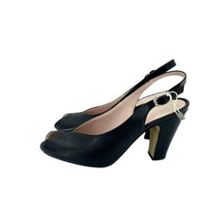 Fauzian Jeunesse Black Leather Peep Toe Slingback Pumps
