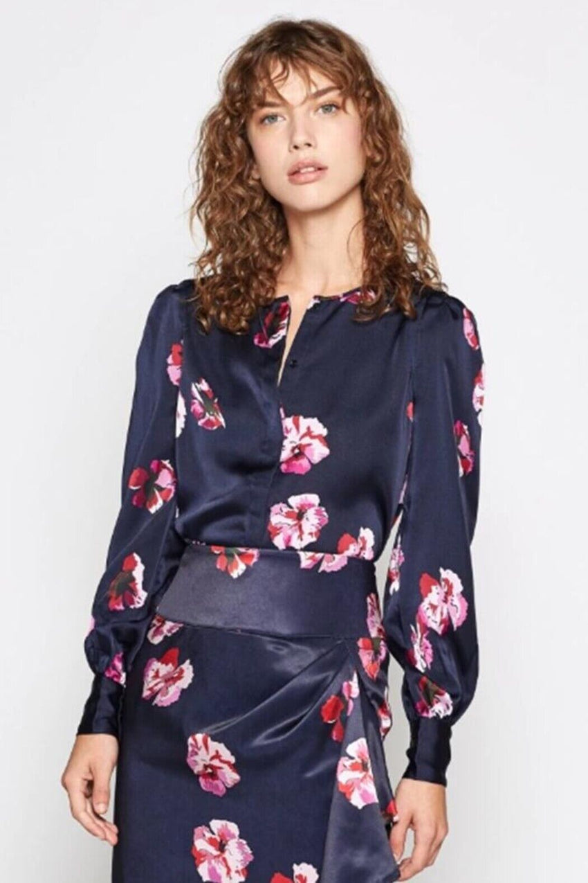 Joie Antonela Floral Print Satin Blouse in Navy