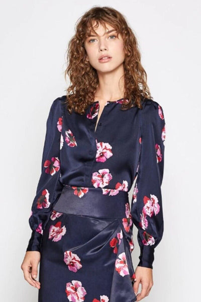 Joie Antonela Floral Print Satin Blouse in Navy