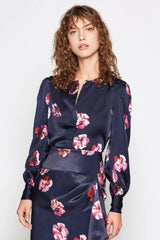 Joie Antonela Floral Print Satin Blouse in Navy