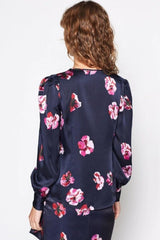 Joie Antonela Floral Print Satin Blouse in Navy