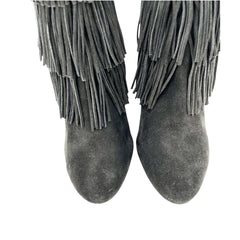 Via Spiga Vesta Grey Suede Leather Fringe Pointed Toe Booties