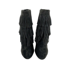 Via Spiga Vesta Grey Suede Leather Fringe Pointed Toe Booties