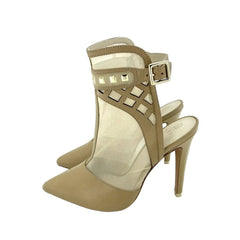 Alepel Fit Champagne Leather and Mesh Studded Stiletto Pumps