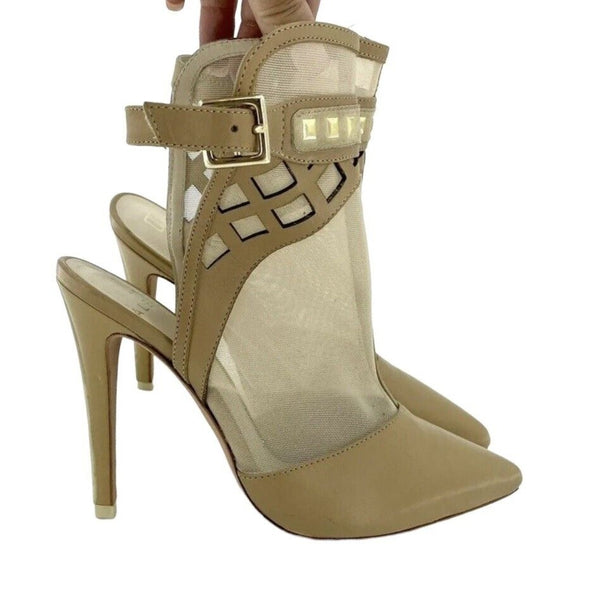 Alepel Fit Champagne Leather and Mesh Studded Stiletto Pumps