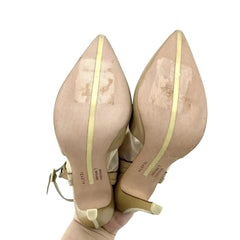 Alepel Fit Champagne Leather and Mesh Studded Stiletto Pumps