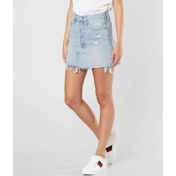 Levi's Light Blue Distressed Raw Hem Cotton Denim Mini Skirt