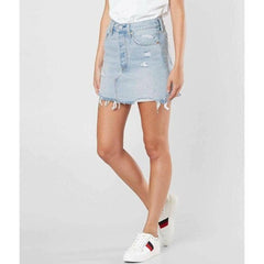 Levi's Light Blue Distressed Raw Hem Cotton Denim Mini Skirt