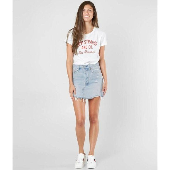 Levi's Light Blue Distressed Raw Hem Cotton Denim Mini Skirt