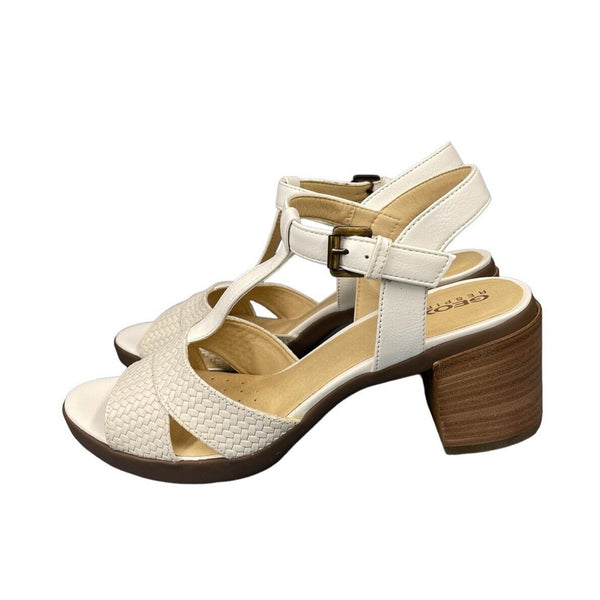 Geox Annya Block Heel T Strap White Mid Sandals