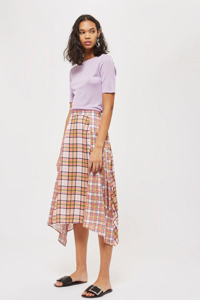 Topshop Asymmetrical Pink Plaid Midi Skirt