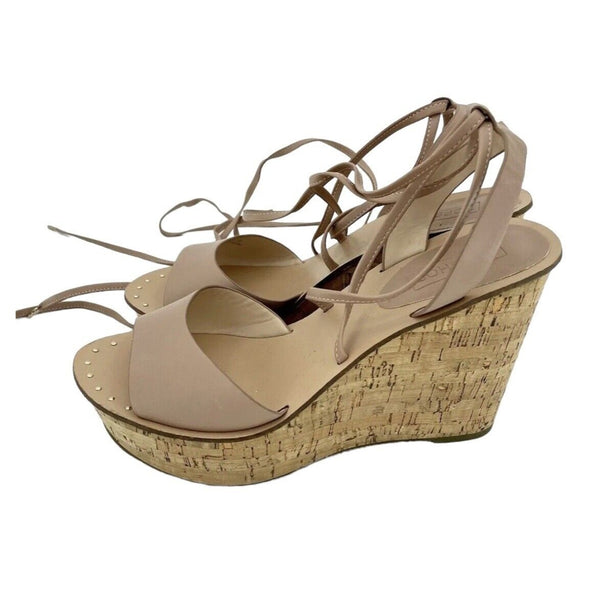 Topshop Blush Pink Leather Ankle Wrap Cork Wedge Sandals